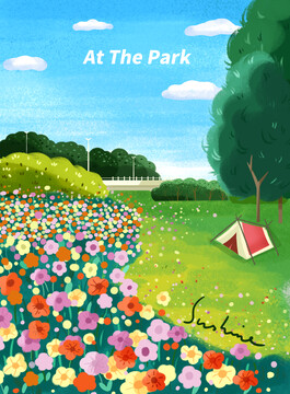 湿地公园花朵盛开露营风景插画