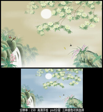 杜鵑花花鳥壁畫背景墻