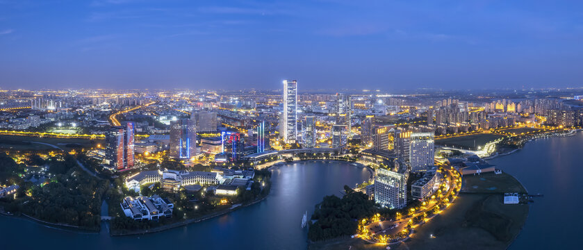 航拍苏州城市夜景全景