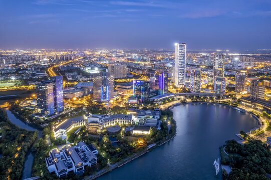 航拍苏州城市景观夜景