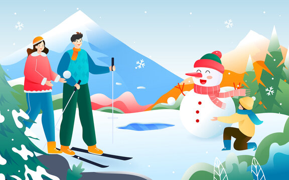 冬季一家人戶外活動堆雪人插畫