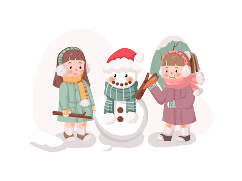 粉色治愈清新溫馨冬天堆雪人
