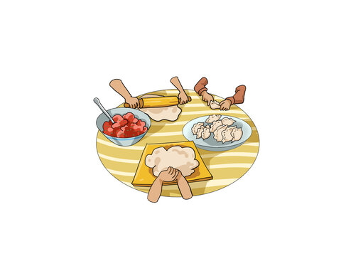 黃色三人一家人俯視包餃子冬至