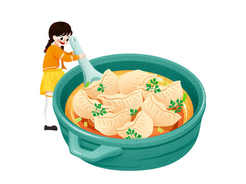 黄色卡通拿勺子勺饺子的儿童