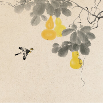 中式水墨葫芦花鸟装饰画