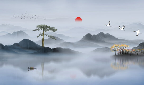 迎客松山水畫