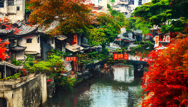 夏季古鎮(zhèn)裝飾畫