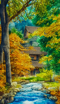 秋天山林水彩裝飾畫(huà)