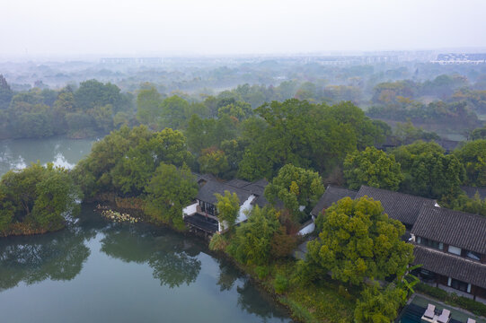 杭州市西溪湿地公园晨曦秋色