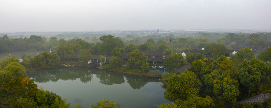 杭州市西溪湿地公园秋色晨雾