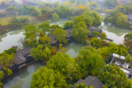 杭州市西溪湿地公园秋色晨雾