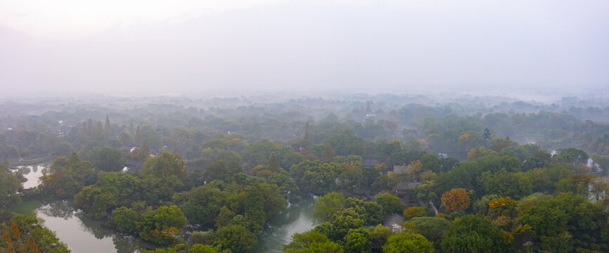 杭州市西溪湿地公园秋色晨雾