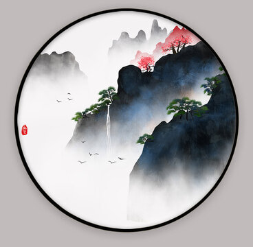 国画水墨山水圆框装饰画