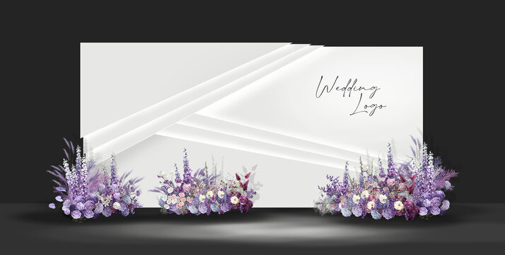 白紫色简约婚礼合影区效果图