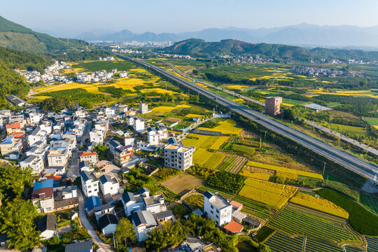 高速公路沿线村庄金秋景色如画