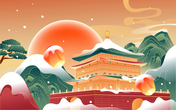 冬至立冬節(jié)氣中國風(fēng)古建筑插畫