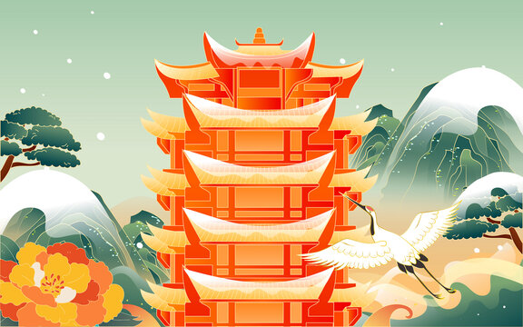 冬至立冬節(jié)氣中國風(fēng)古建筑插畫
