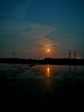 河流月亮天空长江夜景