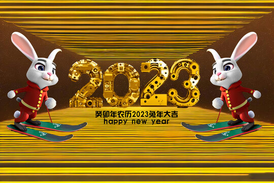 2023簽到處3D字兔子滑雪