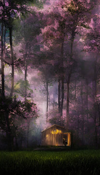 森林梦幻小屋装饰画