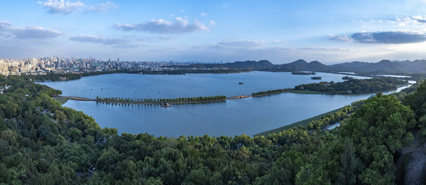 航拍杭州西湖山水全景大画幅