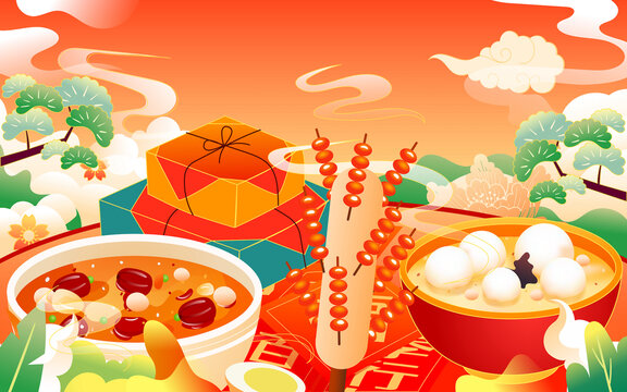 春節(jié)一家人逛街買年貨插畫