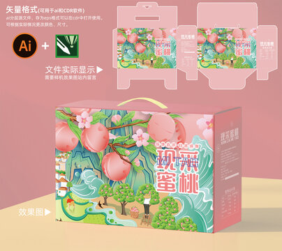水蜜桃桃子包裝禮盒國潮插畫