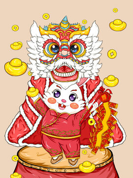 兔年醒獅插畫