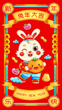 國潮吉祥抱桔兔插畫
