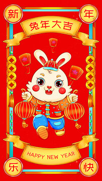 國(guó)潮吉祥舉燈籠的兔子插畫