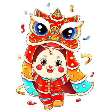 國潮吉祥舞獅兔元素