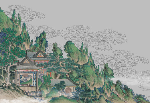 云紋山水中式國畫背景墻
