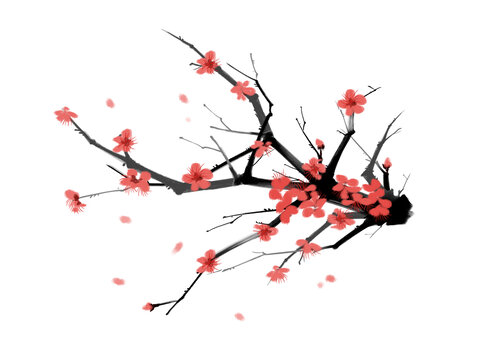 紅色唯美落花水墨梅花