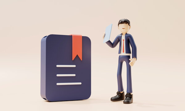 3D渲染卡通人物在書(shū)籍旁