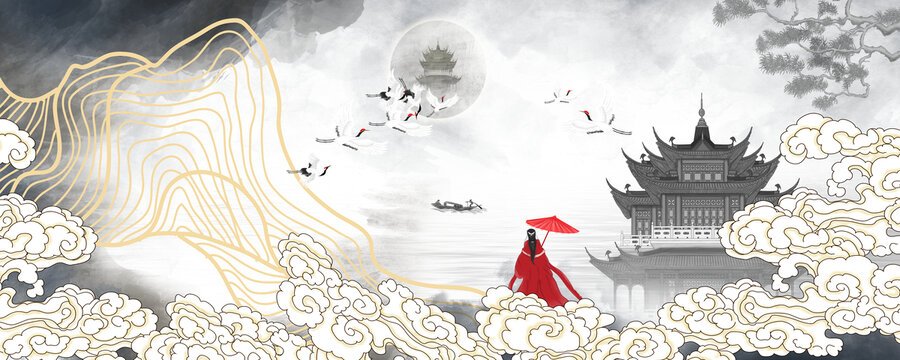 祥云閣樓線條插畫(huà)