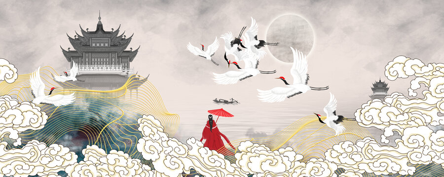 閣樓祥云仙鶴插畫