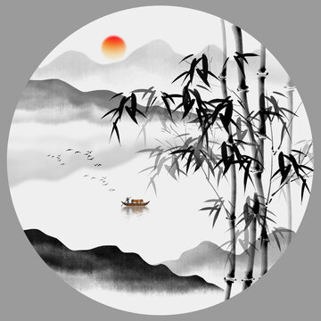 水墨竹子山水畫