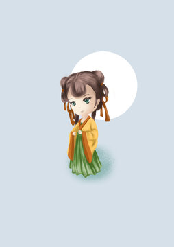 古風(fēng)黃綠色衣衫盤發(fā)小女孩