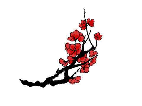 紅色冬至水墨梅花寫(xiě)意梅花