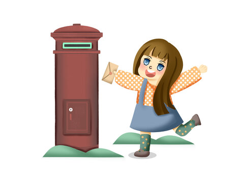 红色邮箱小女孩寄信邮政日邮箱