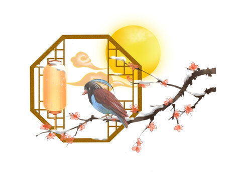 國風(fēng)窗戶黃色燈籠梅花立冬小鳥