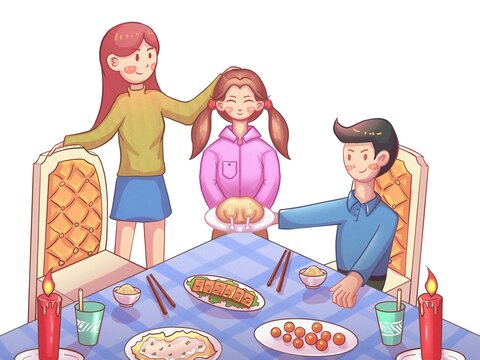 卡通一家人溫馨吃火雞喝飲料