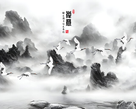 禪意風(fēng)山水仙鶴