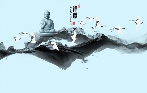 禪意風(fēng)山水仙鶴背景墻