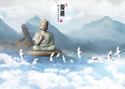 淡雅山鶴中式佛打坐悟道