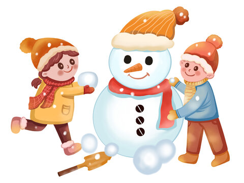 黃色卡通冬天堆雪人的雙人