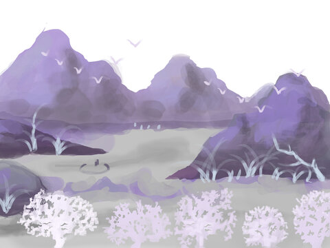 紫色霜降水墨風景山巒湖水霜花