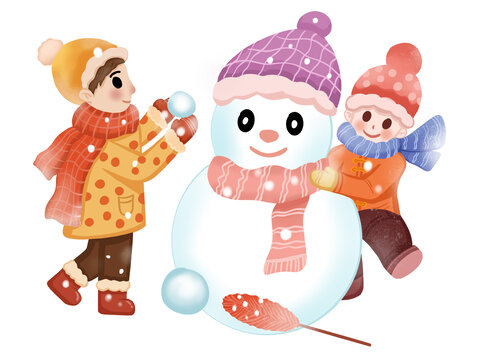 橙色卡通冬天堆雪人的雙人
