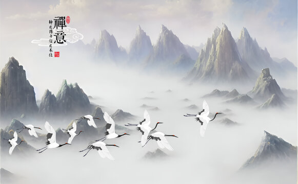 淡雅山巒仙鶴