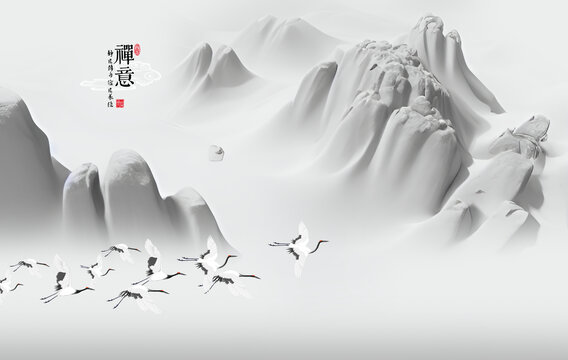 淡雅山巒仙鶴中式風(fēng)